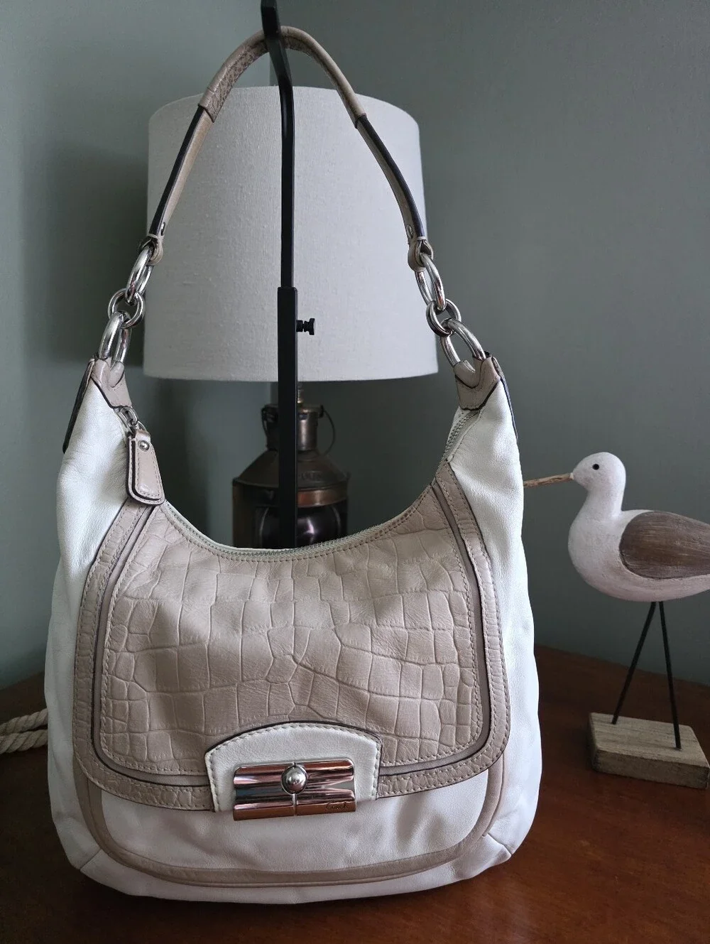 Coach F22509 Kristin Spectator Y2K Hobo White Tan Snake Embossed Leather Bag